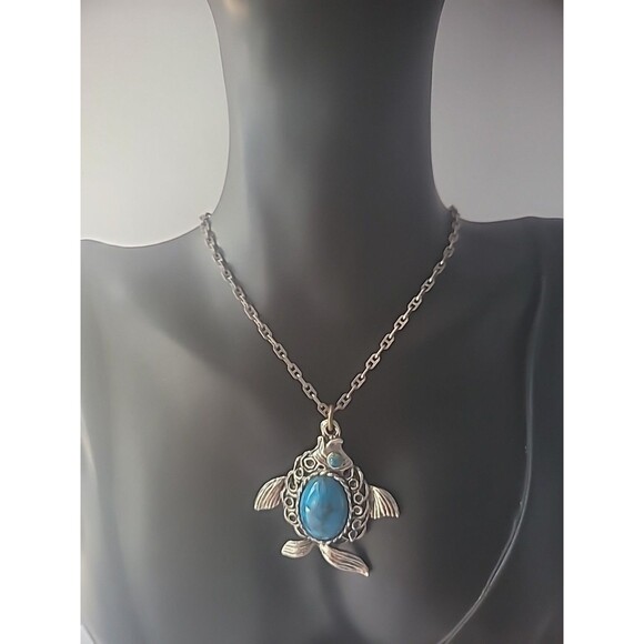 Vintage Necklace Chain Square Link Pendant Fish Blue Stone Silver Tone Jewelry - Picture 1 of 12